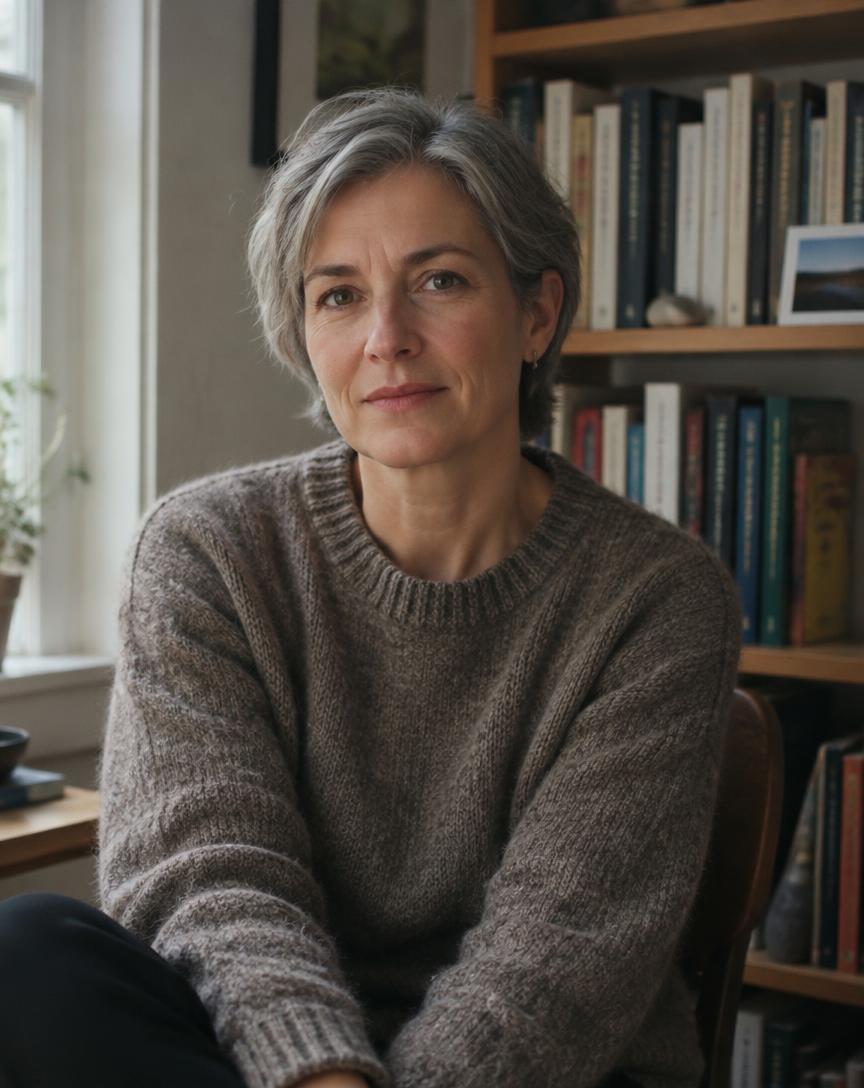 Portrait of Mara Lindqvist by a bookshelf